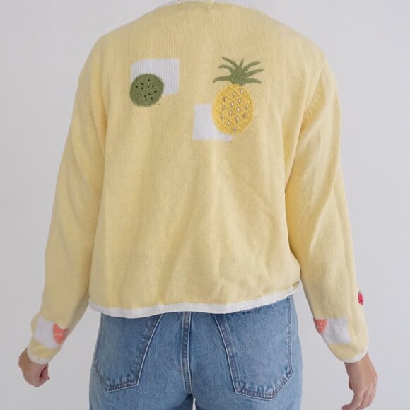 Christopher Banks Yellow Fruit Novelty Beaded Knit Cardigan Preppy Sweater M - Picture 2 of 11